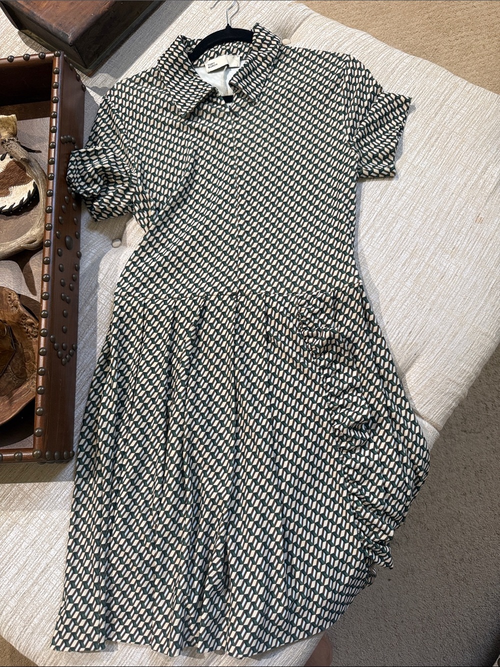 Tory Burch Green, Brown and White Geometric Midi Shirt Dress